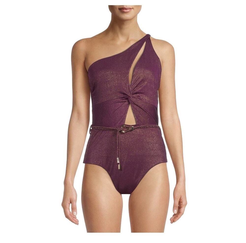 Time and Tru - Wine & Gold Glam Metallic Sexy One Shoulder Cutout Swimsuit - XL